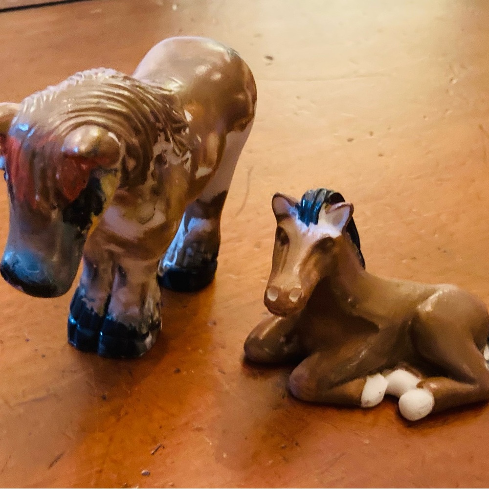 Collectible English Equine brown tan mare standing, with young colt companion